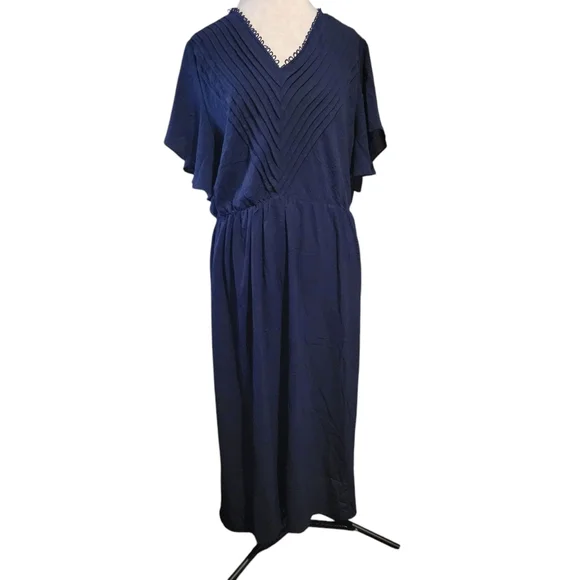 Navy V-Neck Flutter Sleeve Dress - Picture 6 of 10